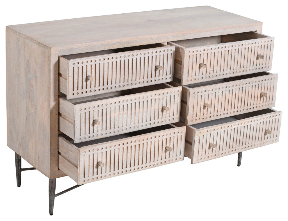 Sarah 6 Drawer Chest, Mango Solid Wood Brushed Ivory Finish on Iron Base