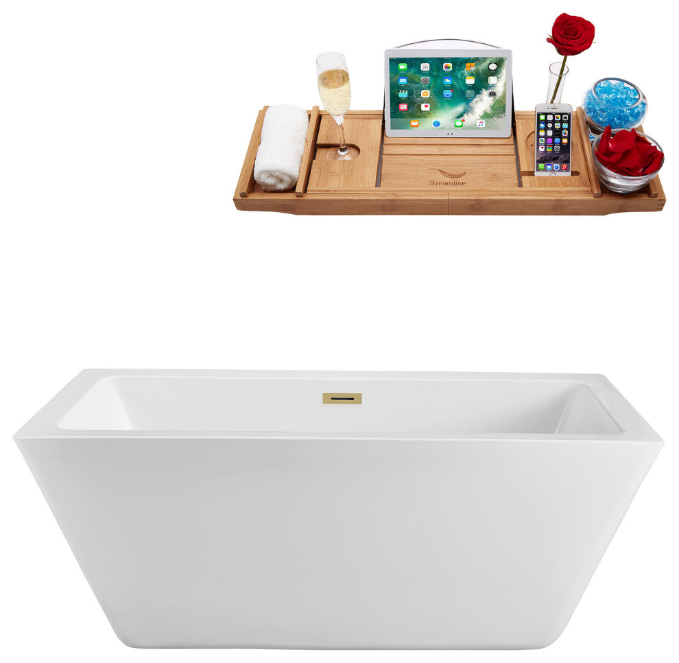 60" Streamline N320BBR Bathtub and Tray With Drain, Brushed Brass