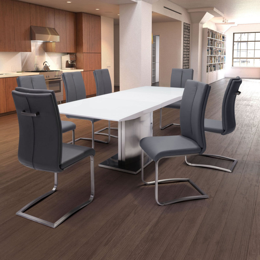 Dining Chair, Set of 2, Faux Vinyl Leather, Steel, Gray, Silver, Cafe