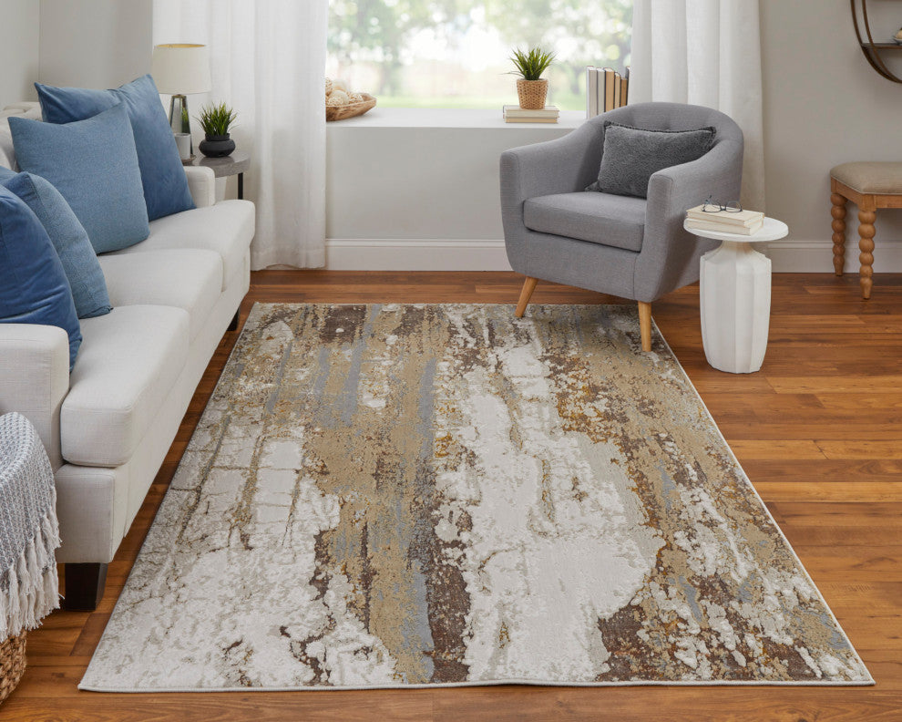 Tripoli Modern Abstract, Ivory/Gold/Brown, 5'x8' Area Rug