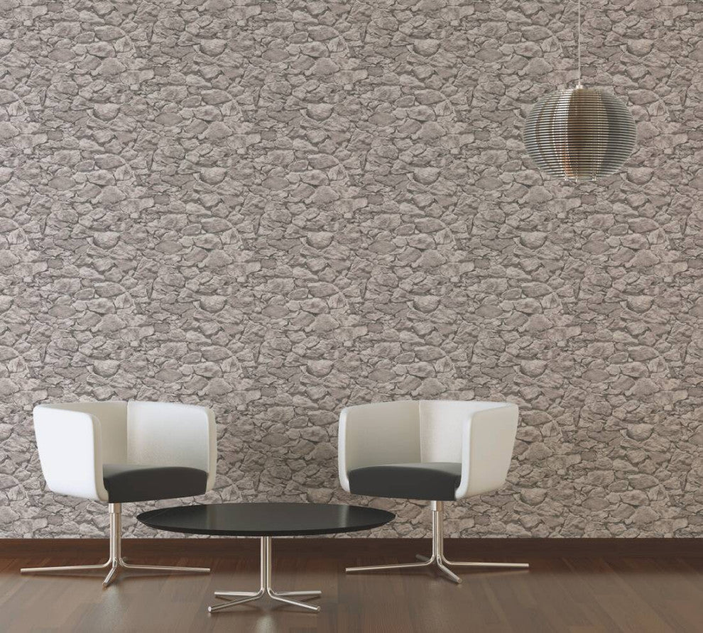 Faux Textured Wallpaper, Stones, Beige Gray, One Roll