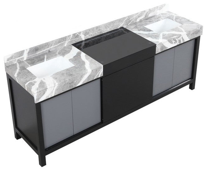 Zilara 84" Black and Grey Double Vanity, Castle Grey Marble Tops