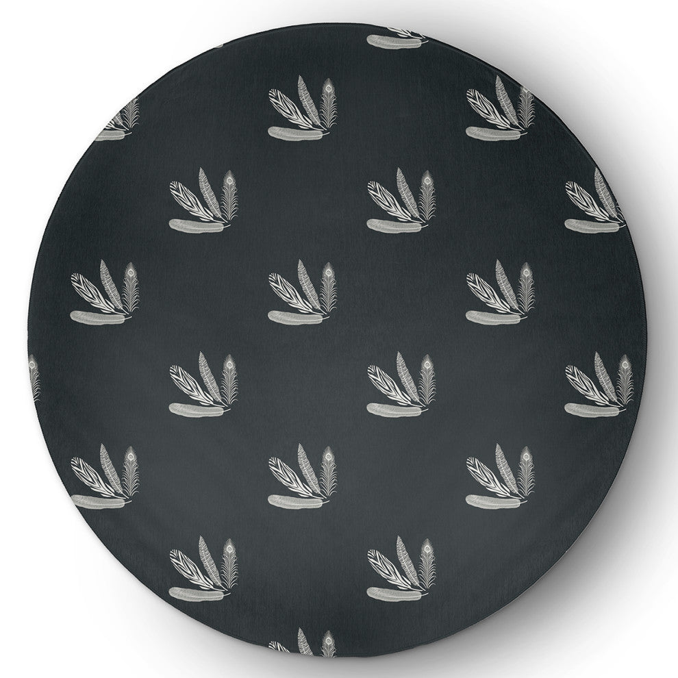 Feather Pattern Fall Design Chenille Area Rug, Black, 5' Round