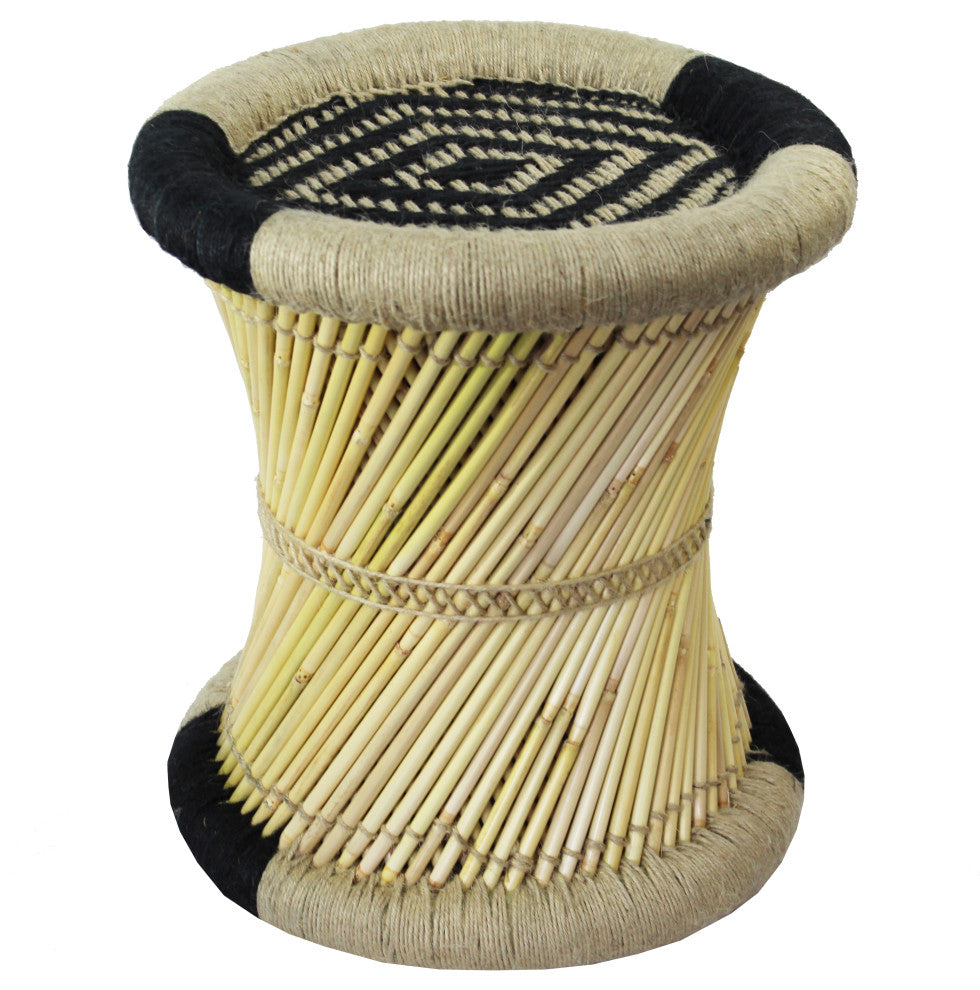 Natural Geo Moray Decorative Handwoven Jute Accent Stool, Black Diamond