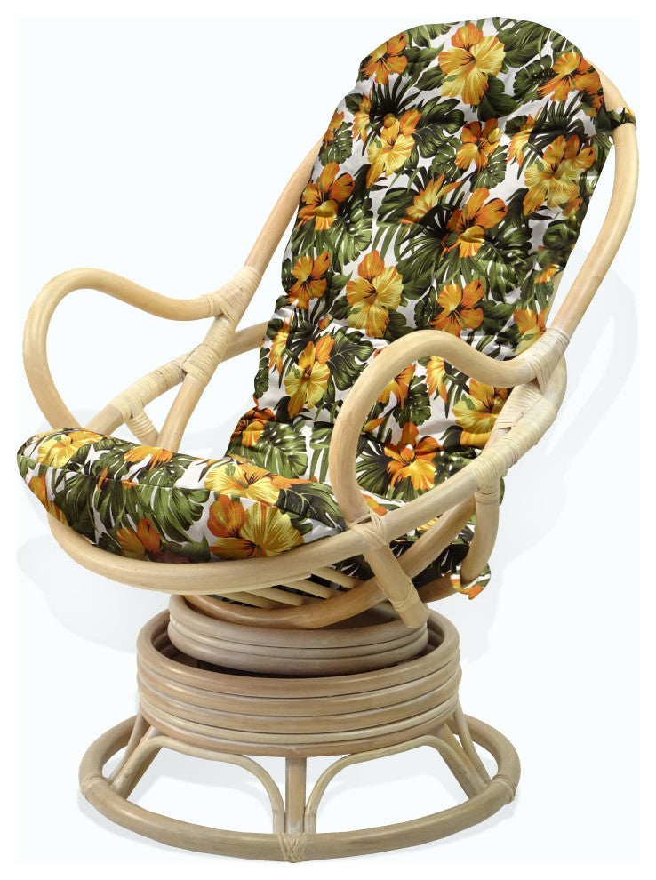 Java Lounge Swivel Rocking Chair Rattan Wicker, White Wash, Floral Cushion