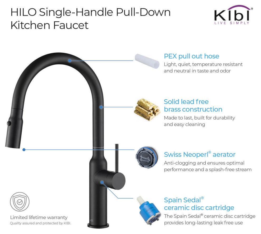 KIBI Hilo Single Handle Pull Down Kitchen Faucet, Matte Black, W/ Soap Dispenser