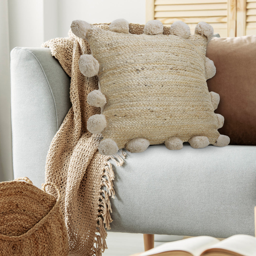 Ox Bay Handwoven Tan Solid Organic Jute Pillow Cover, 20"x20"