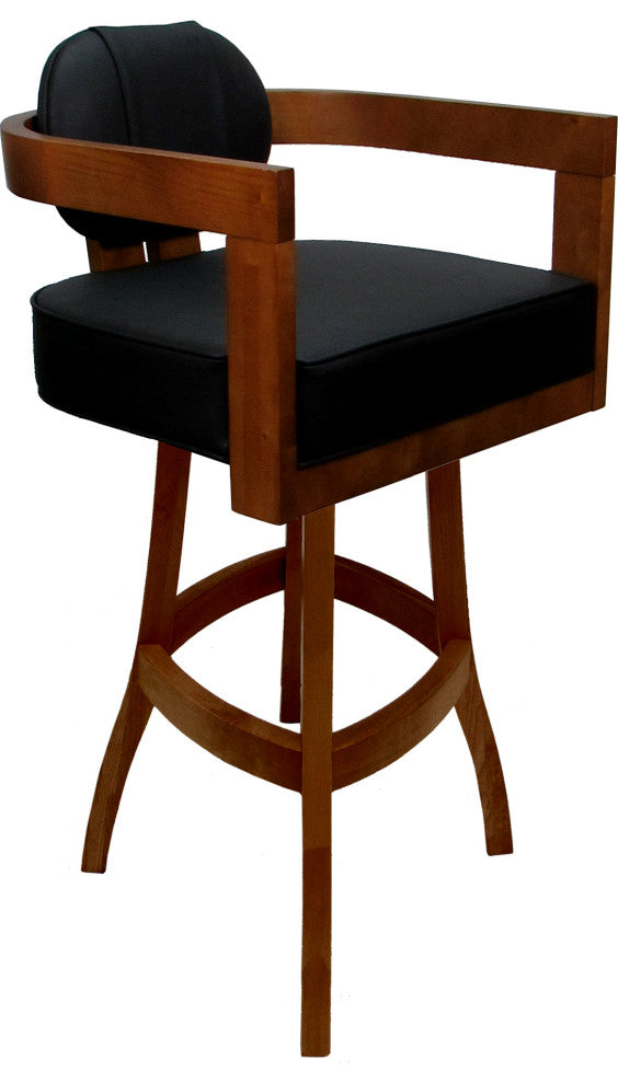 Swivel Wood Bar Stool Kadir Plus on S-Base, Black Vinyl - Honey, 34"