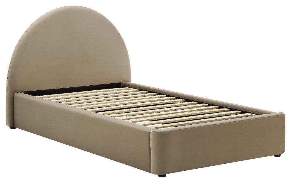 Resort Performance Velvet Arched Round Twin Platform Bed, Taupe