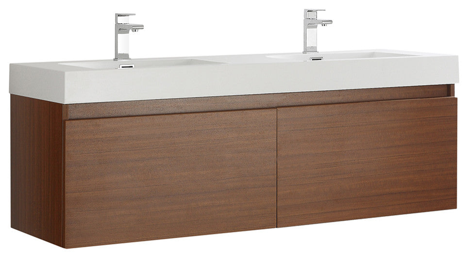 Fresca Mezzo 60" Teak Wall Hung Double Sink Cabinet With Integrated Sink