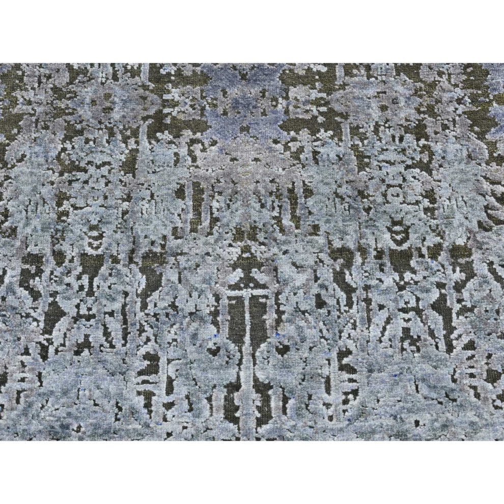 Gray Silk With Wool Hand Knotted Erased and Broken Design Runner Rug 2'6"x10'