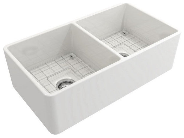 BOCCHI 1139-001-2020SS Farmhouse Fireclay 33 Inch Double Bowl Kitchen Sink Kit