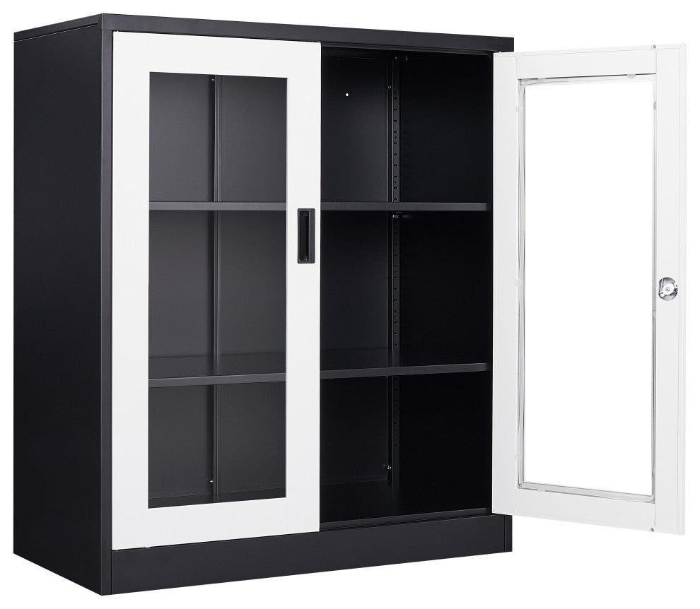 Metal Storage Cabinet, 2 Doors & 2 Shelves, 35.5", Black&white, Acrylic Door