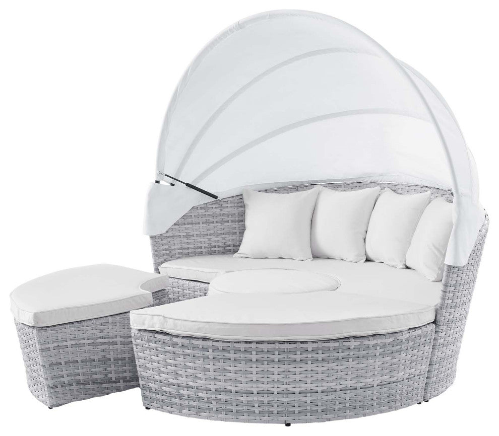 Lounge Daybed Sofa Bed, Gray White, Rattan, Wicker, Modern, Outdoor Patio