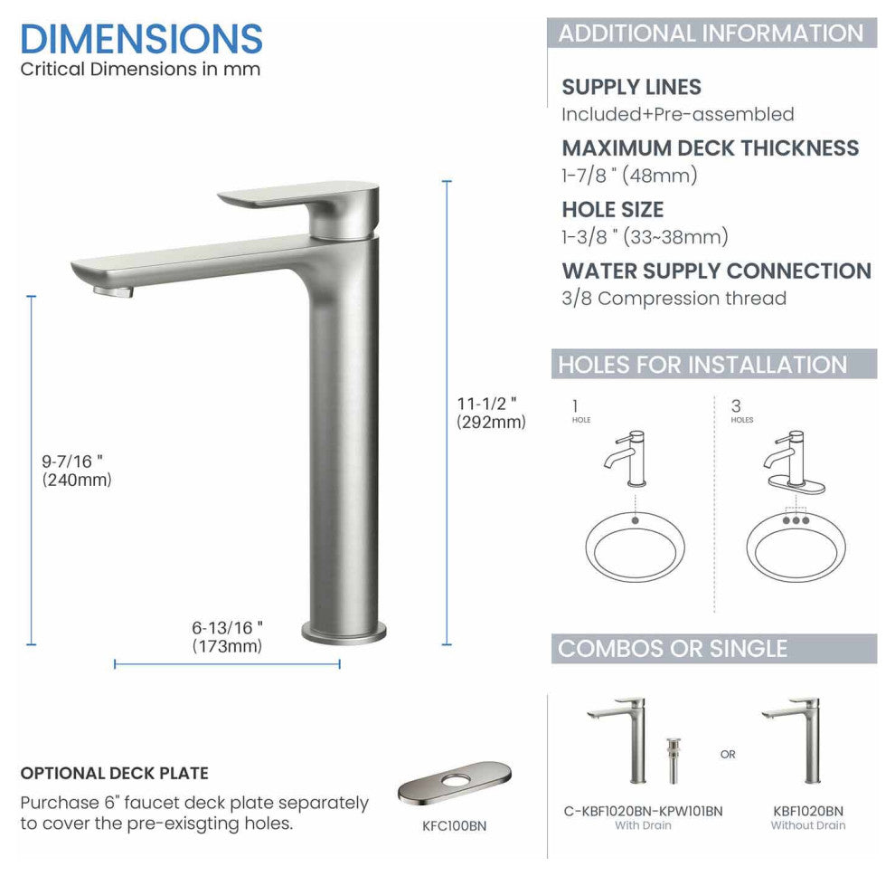 Tender-T Single Handle Bathroom Vessel Sink Faucet, Brushed Nickel