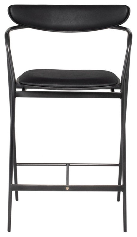 Leather Counter Stool Black Steel Oak Wood Modern Stool, Raven