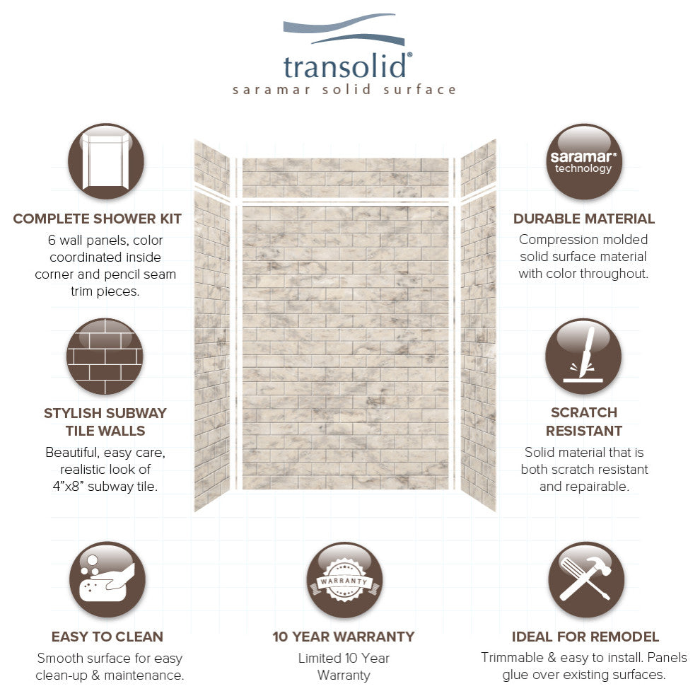Transolid SaraMar 60"x36"x96" 6-Piece Shower Wall Kit with Extension, Sand Creme