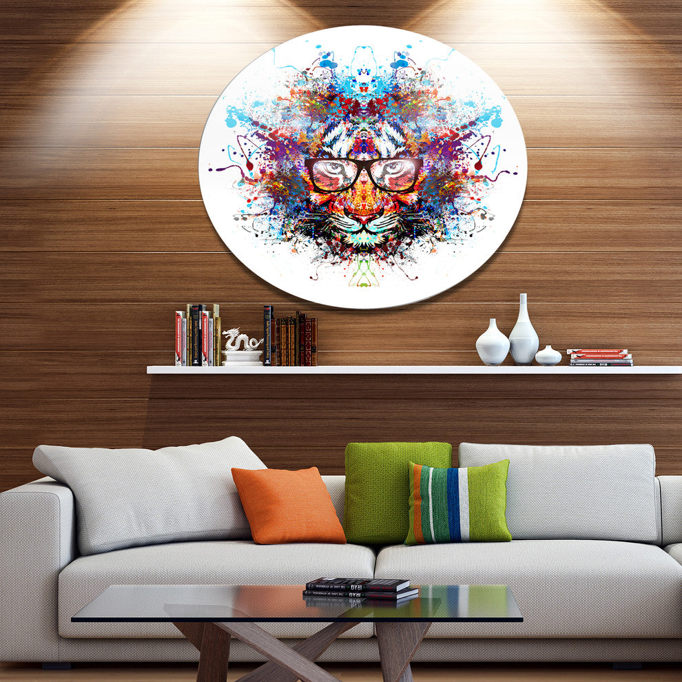 Colorful Tiger In Glasses, Animal Disc Metal Artwork, 23"