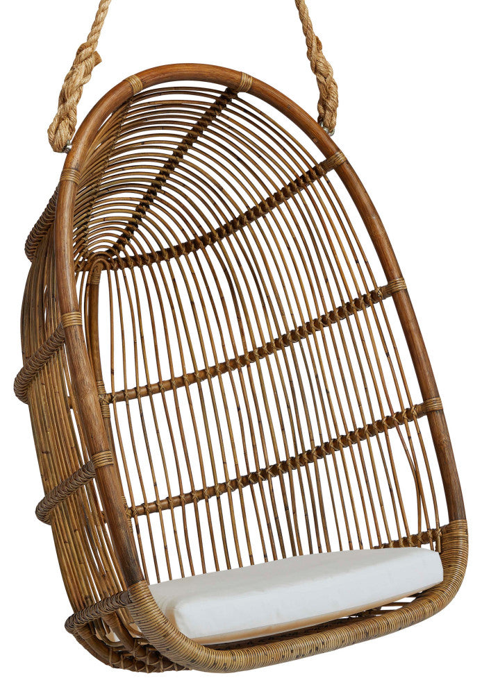 Renoir Rattan Hanging Swing Chair, Antique, Tempotest White Canvas Cushion