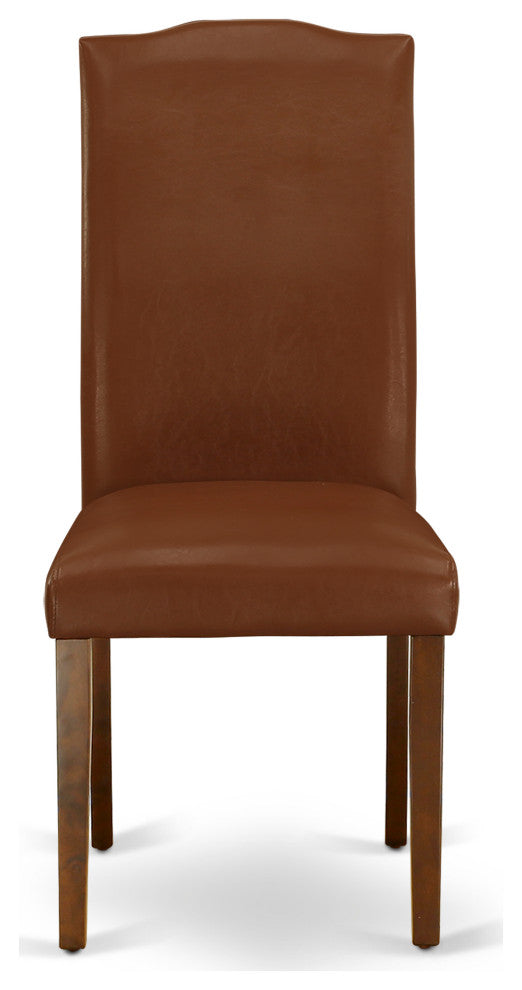 5 Pc Dining Set, Mahogany Round Table, 4 Brown Faux Leather Parson Chairs