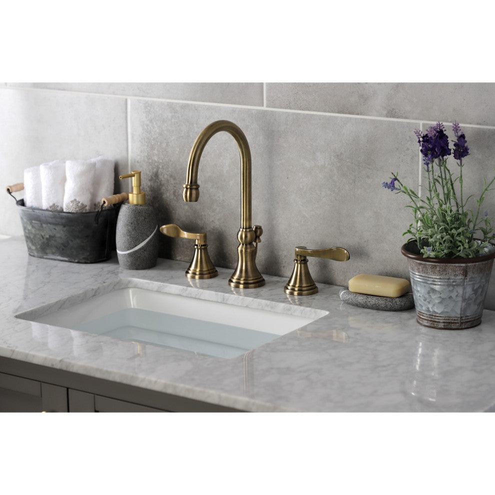 KS2983DFL Widespread Bathroom Faucet With Brass Pop-Up, Antique Brass