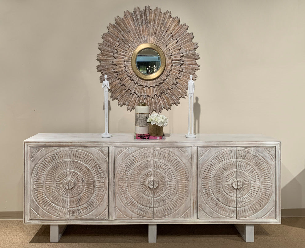 Albert Sideboard, 6-Hand Carved Doors, White Distressed Finish