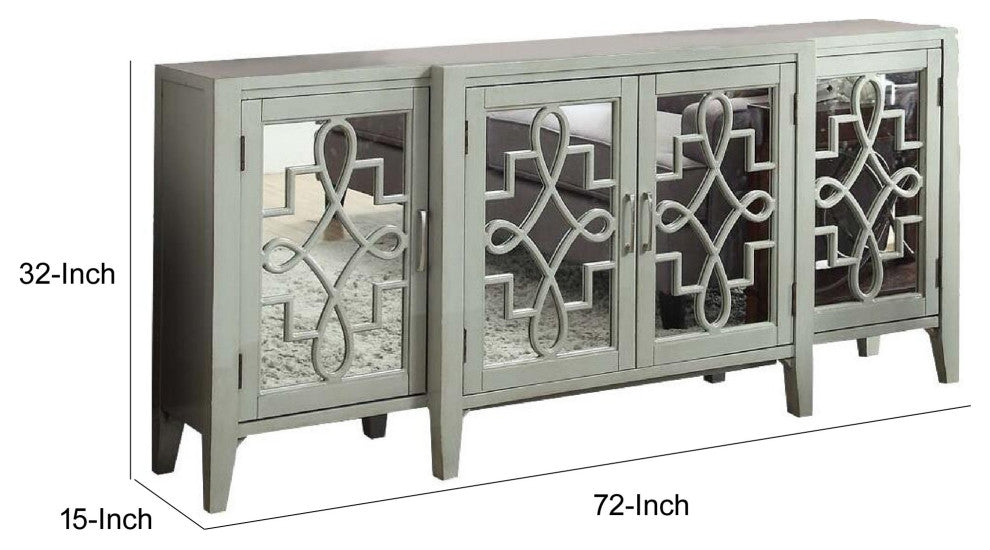 Benzara BM154245 72" Console Table With 3 Mirror Doors, Lattice Design, Gray