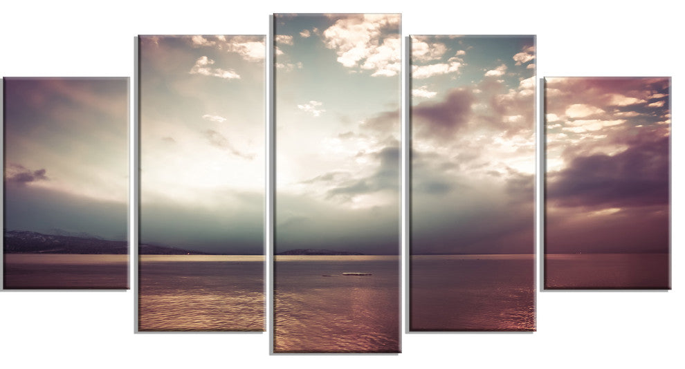 Dark Sunset with Dramatic Sky, Large Seashore Canvas Print, 60"x32", 5 Panels