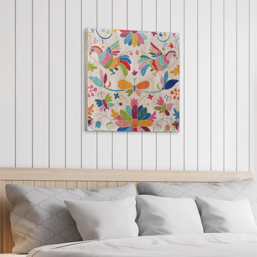Folklorica Abstract Flower Wall Art Giclee Printed on Hand Finished Ash Wood