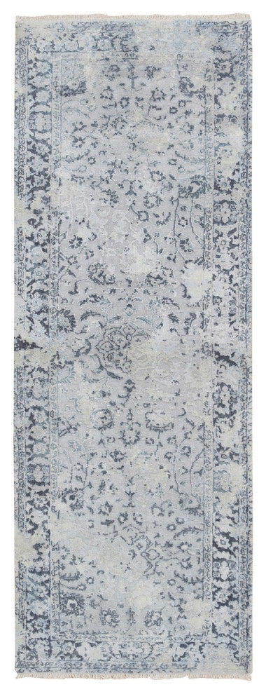 Gray Pure Silk With Wool Hand Knotted Broken Kashan Design Runner Rug, 2'9"x7'8"