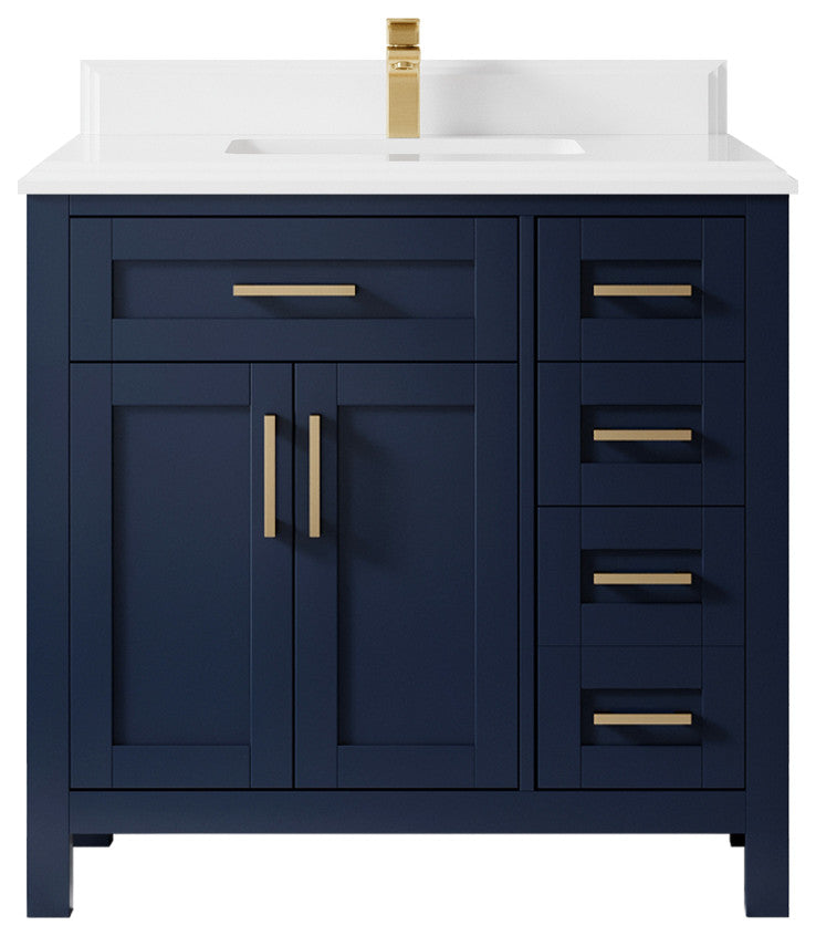 Cambridge 36 Center Sink Bath Vanity in Hale Navy Blue 1.5" White Quartz