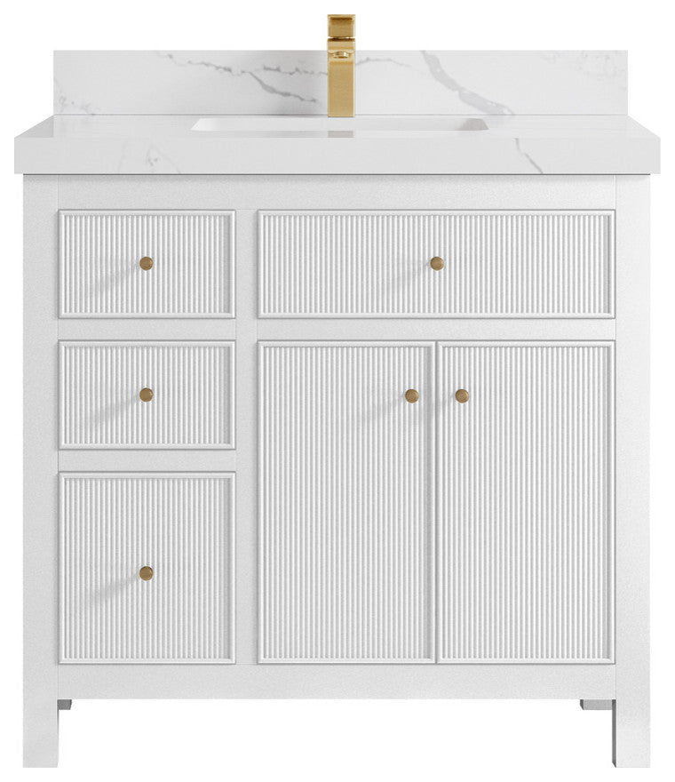 Sonoma 36 Center Sink Reeded Bath Vanity in White 2" Calacatta Laza
