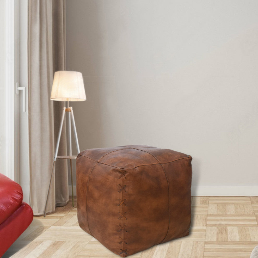 Handmade Leather Square Pouf (Recycled Foam with Fibre Fill) Antique Brown Color, 14x14x14