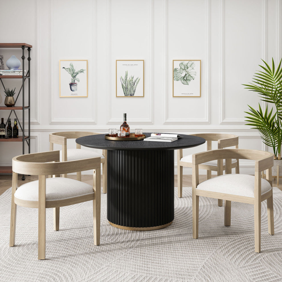 GDF Studio 47.25" Round Pedestal Dining Table With 4 Armchairs, Beige/Black