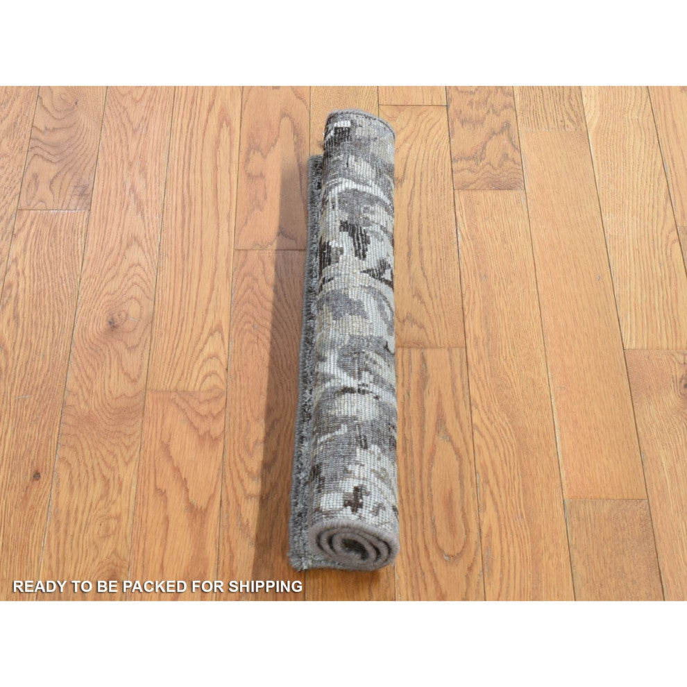 Light Gray Silk and Wool Modern Design Hand Knotted Mat Square Rug, 2'0"x2'0"