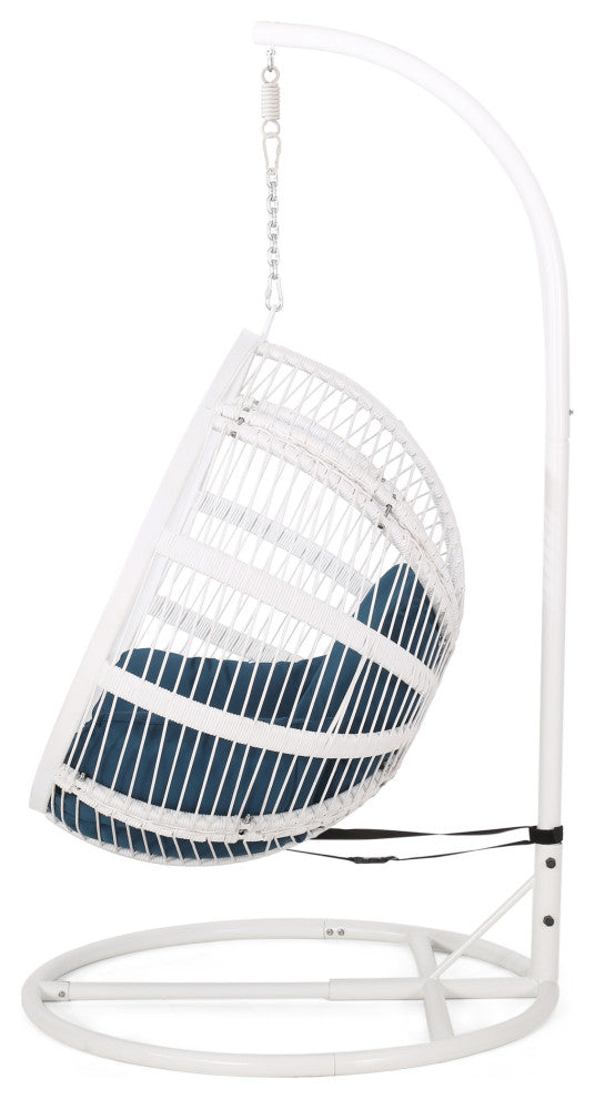 Ansonia Outdoor Rope Weave Hanging Chair With Stand, Darl Teal + White