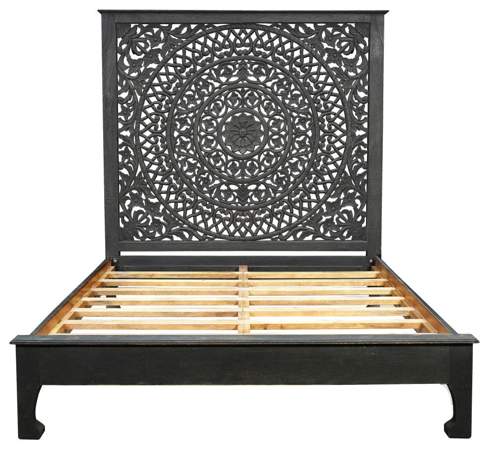 Milano Floral Carved Solid Wood Queen Panel Bed, Black, Queen