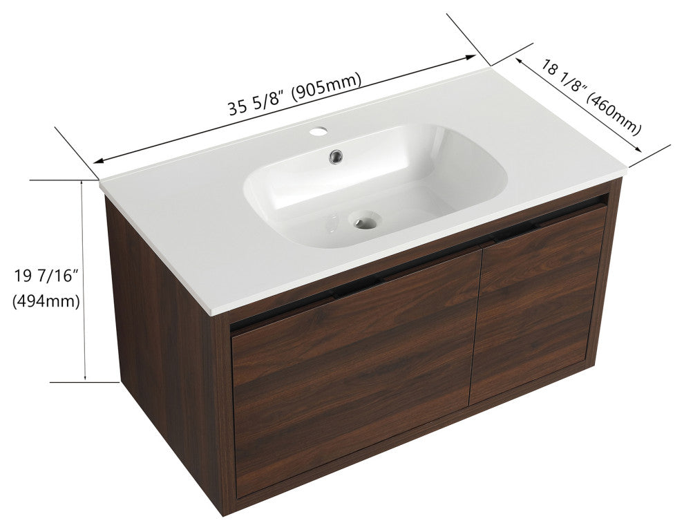 36" Plywood Wall Mounted Bath Vanity Set, Integrated Resin Sink