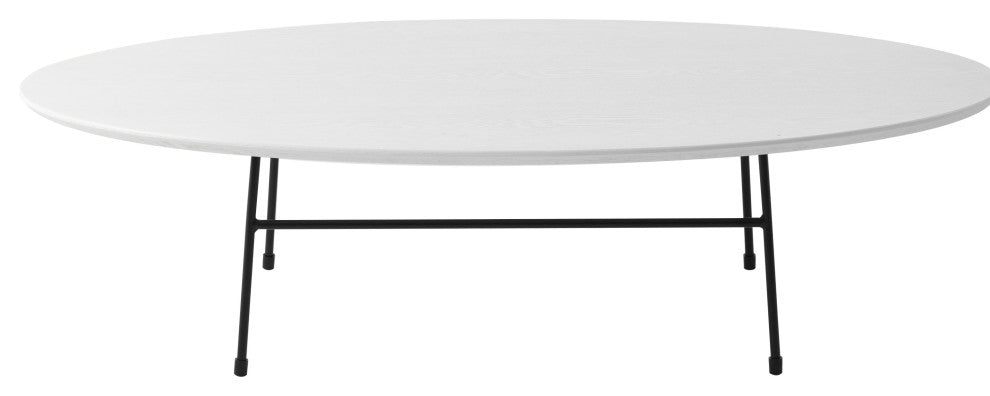LeisureMod Rossmore Oval Coffee Table with Black Steel Frame, White