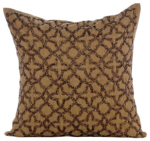 Gold Art Silk 16"x16" Beaded Lattice Trellis Pillow Cover, Gold Celebration