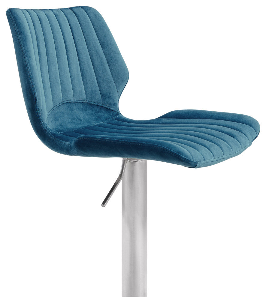 Teal Blue Velvet and Chrome Channel Adjustable Swivel Bar Stool