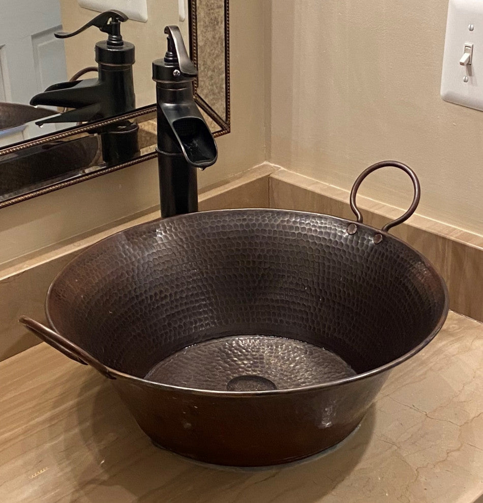 16" Copper Vessel Bathroom Sink with Rustic Handles