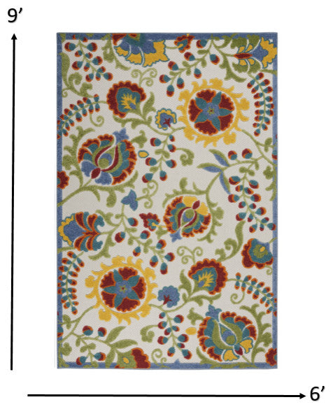 6 x 9 Ivory Multi Floral Indoor Outdoor Area Rug