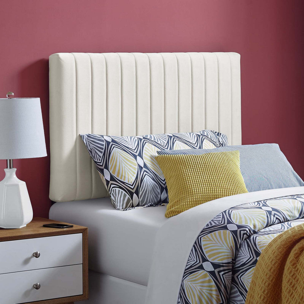 Contemporary Modern Bedroom Twin Size Headbaord, Velvet Fabric, Ivory White