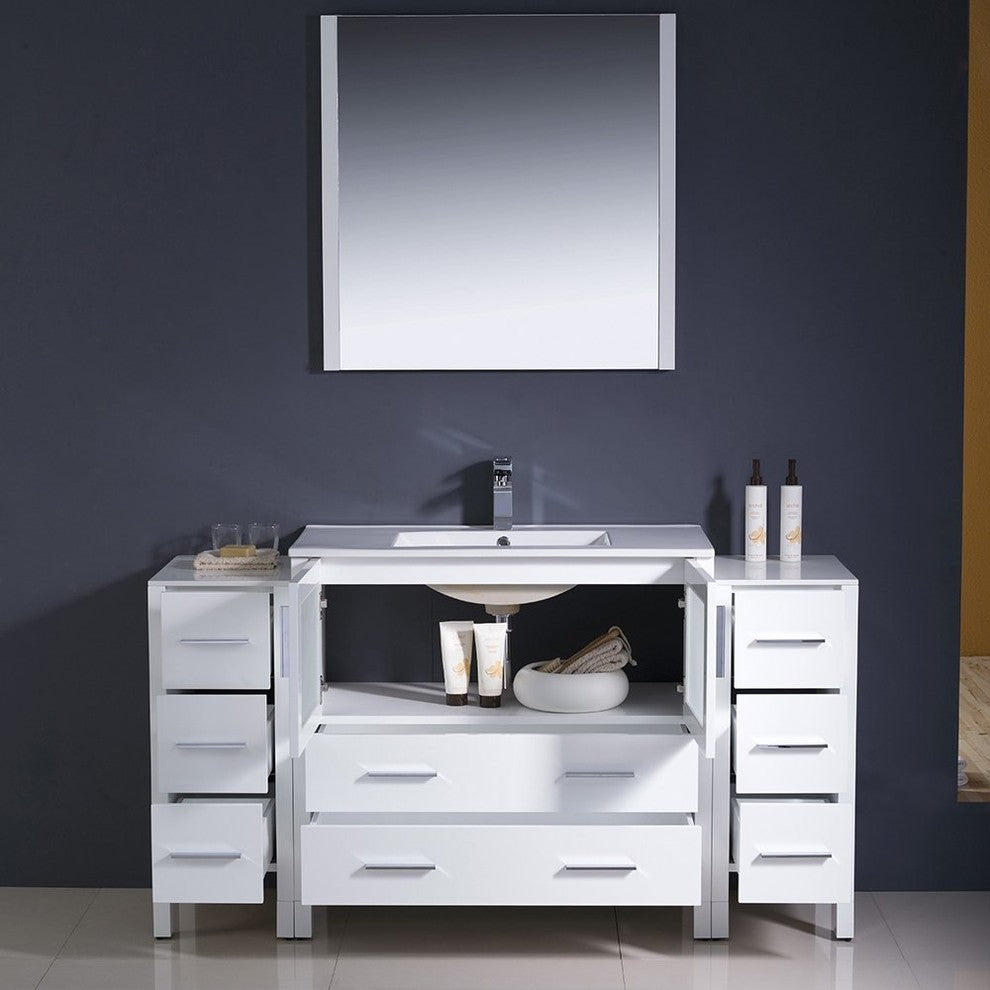 Torino 60" White Modern Bathroom Vanity With 2 Side Cabinets, FFT3811CH