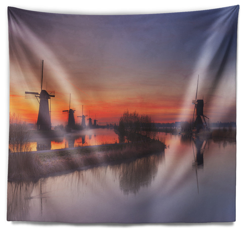 Dutch Windmills Panorama Abstract Wall Tapestry, 92"x78"