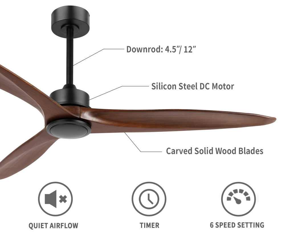 52" Solid Wood 3-Blade Propeller Ceiling Fan With Remote, Black/Walnut