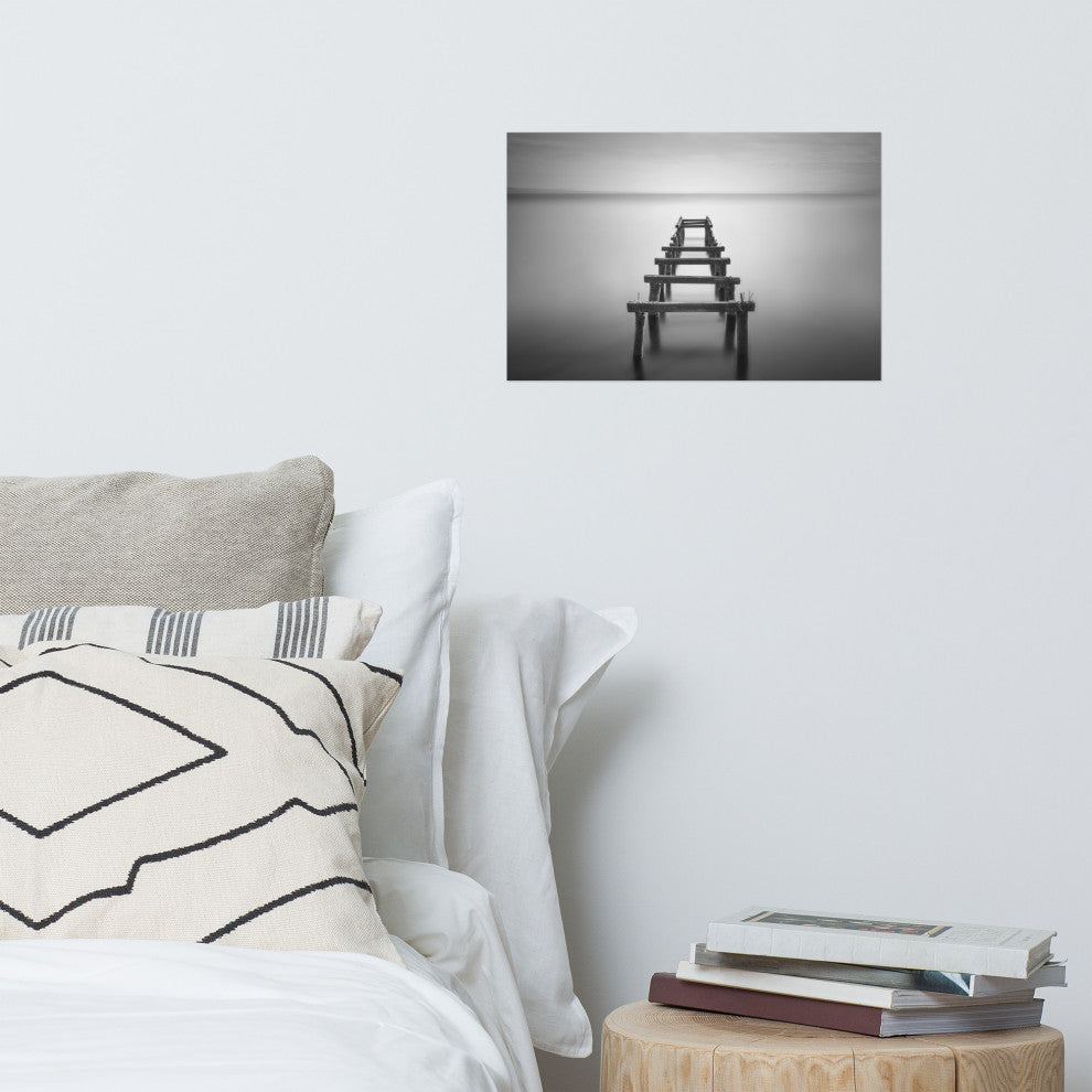Soft Lake & Abandoned Pier Black & White Landscape Photo Loose Wall Art Print, 12" X 18"