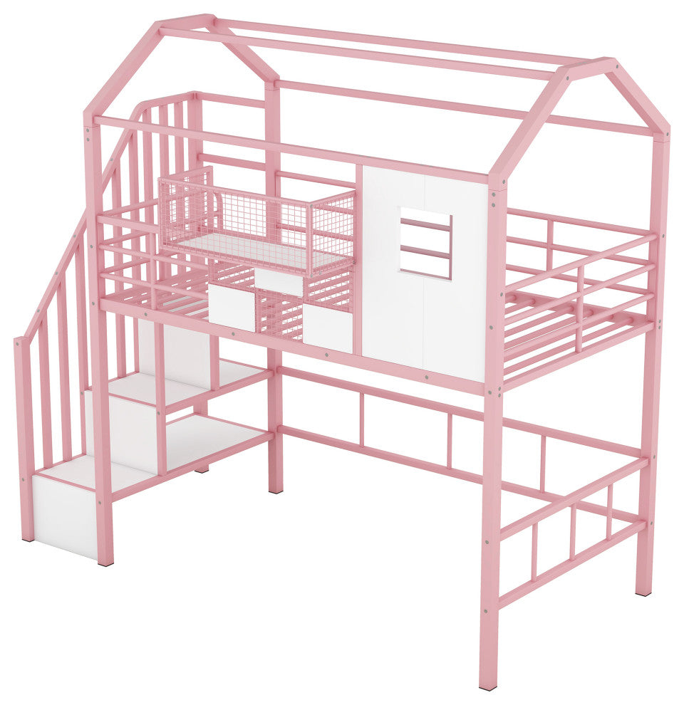 Gewnee Metal Loft Bed with roof design and a storage box, Twin, Pink