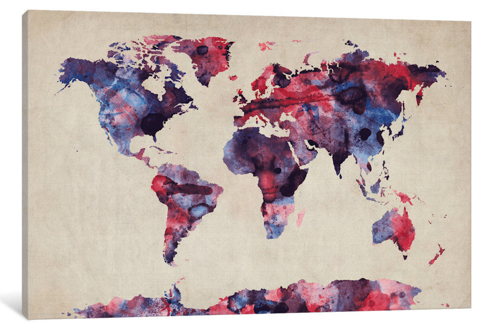 "Urban Watercolor World Map VII" by Michael Tompsett, Canvas Print, 26x18"